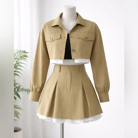 Cropped Khaki Jacket and Pleated Skirt Set - Khaki with White Trim - Picture 3 of 8
